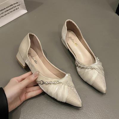 Mode Pointu Bouche Peu Profonde Chaussures Simples Décoration Perle Escarpins à Talons Bas Épais Printemps Automne Tempérament Mocassins Talons Robe Femmes