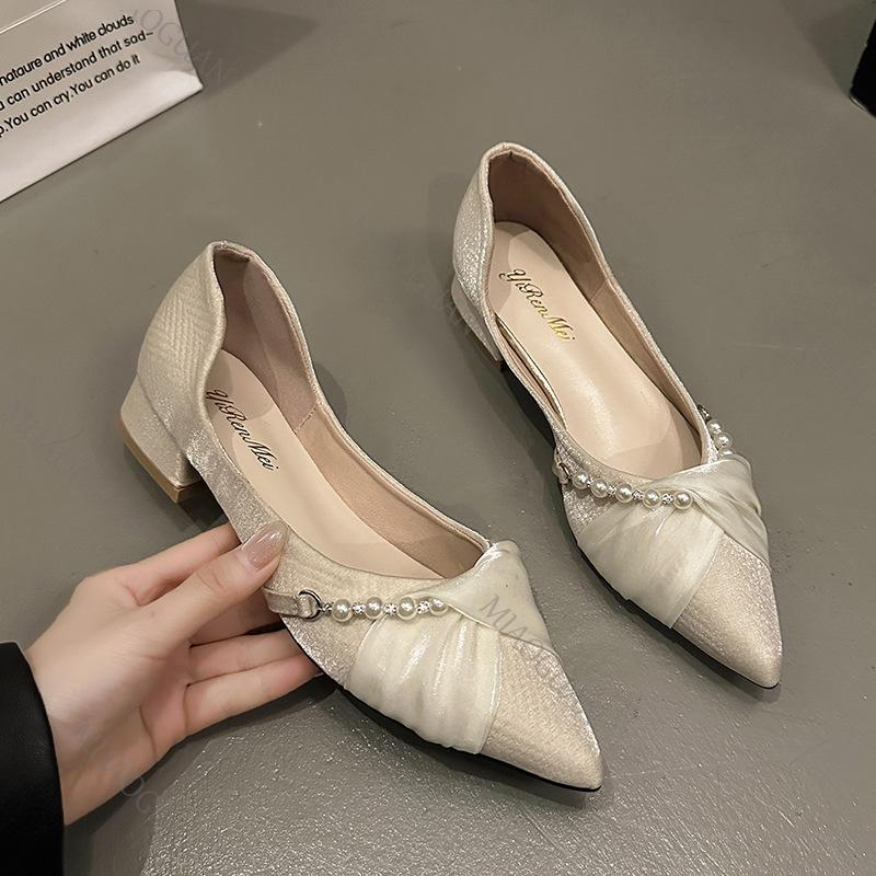 Fashion Pointed Shallow Mouth Single Shoes Pearl Decoration Thick Low Heel Pumps Spring Autumn Temperament Slip on Dress Heels Women