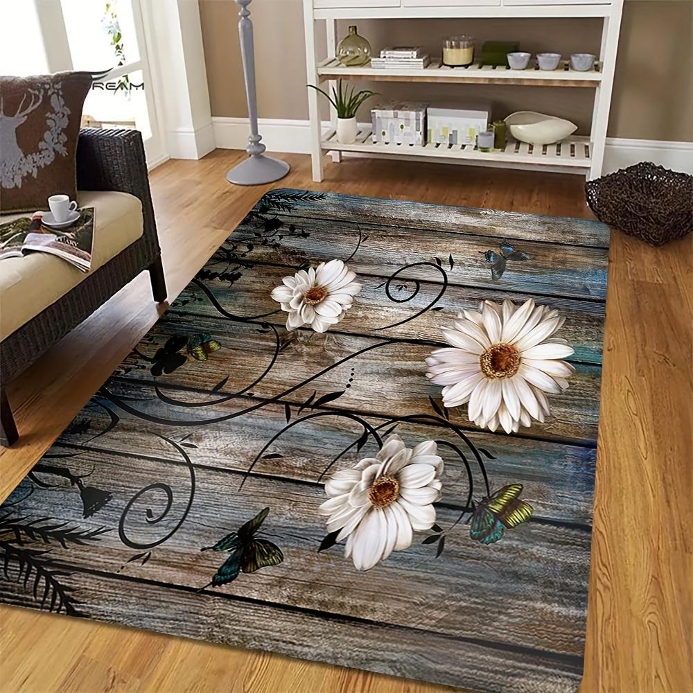 

Comfortable Crystal Velvet Rug Machine Washable White Daisy Floral Print Non Slip Rustic Wooden Plank Design Bathroom Living 50x80cm20x31in