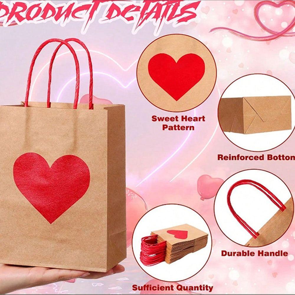 10/12pcs Red Heart Kraft Kraft Paper Gift Bags Handheld Candy Packaging Bag Wedding Party