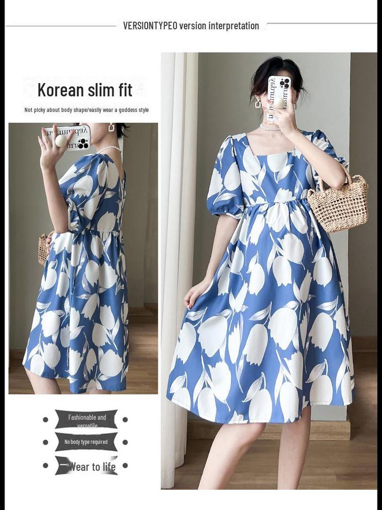 New Summer Fashion: High-End Mid-Length Maternity Dresses with Printed Puff Sleeves