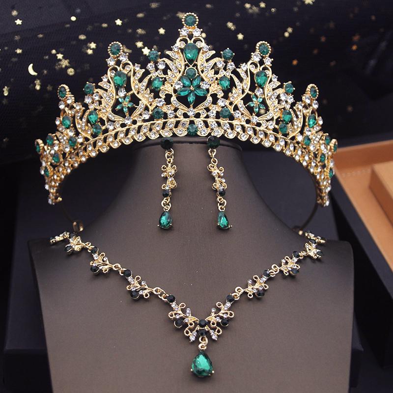Luxury Blue Colors Bridal Jewelry Sets With Tiaras Princess Wedding Crown Necklace Earrings Set Bride Accessories