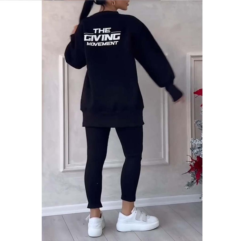 Damesett med uregelmessig trykket hettegenser med lange ermer og leggings