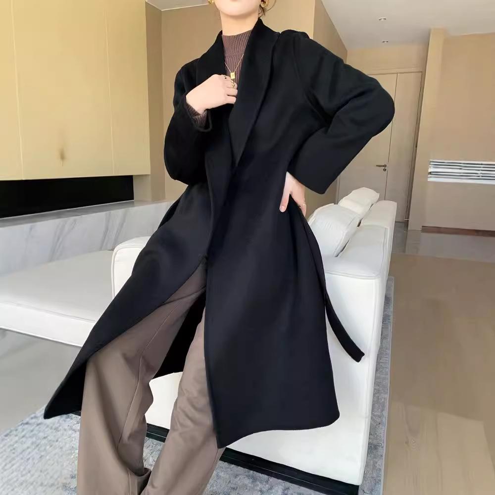 Women's Double-Faced Wool Overcoat with Tie Waist - Extra Long Lapel, Autumn/Winter.