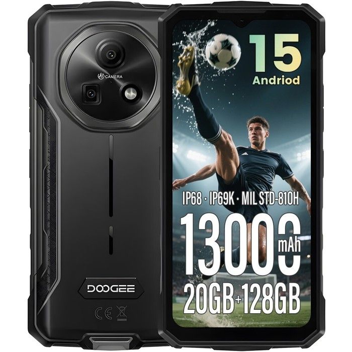 DOOGEE Fire 5 Pro Telephone Portable Incassable 20Go+128Go 6,6" 13000mAh Smartphone Robustee Android 15 Dural SIM 4G/NFC Noir