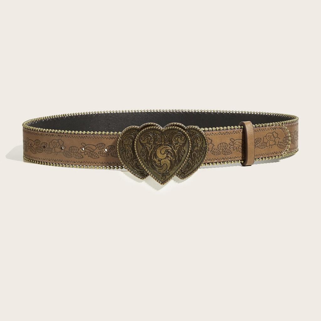 Heart Shaped Retro Alloy Buckle Leather Belt Rivet Embellishments Young Adult