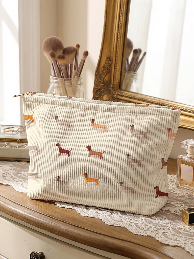 Dachshund patterned corduroy makeup bag, lightweight zipper pouch, multifunctional lined bag for cosmetics