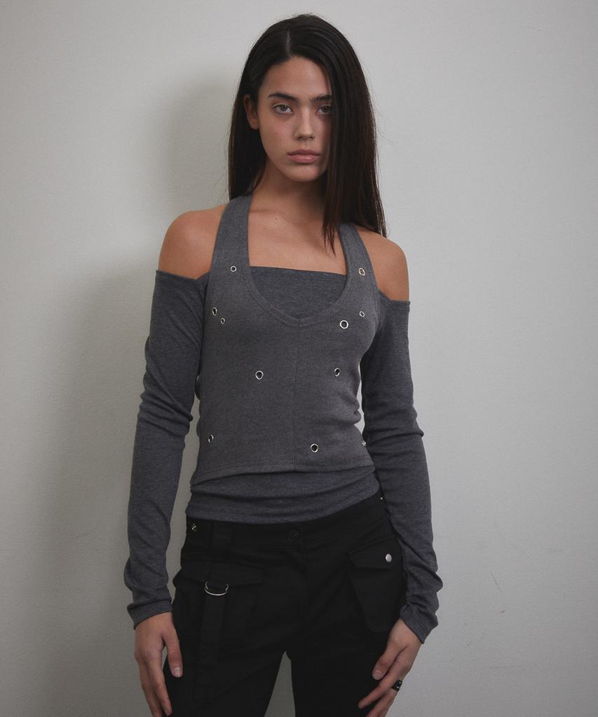 Bunteu Eyelet Halter Long Sleeve (Charcoal)