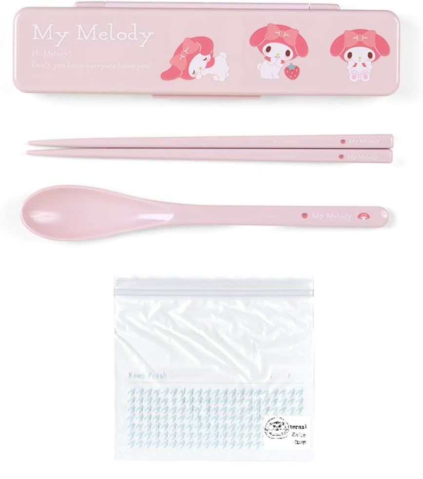 

Sanrio My Melody Chopsticks and Spoon Set Box Made in Dishwasher Antibacterial Freezer (Bento Case) Japan, 18cm, Safe, (Combo Set, Bag)