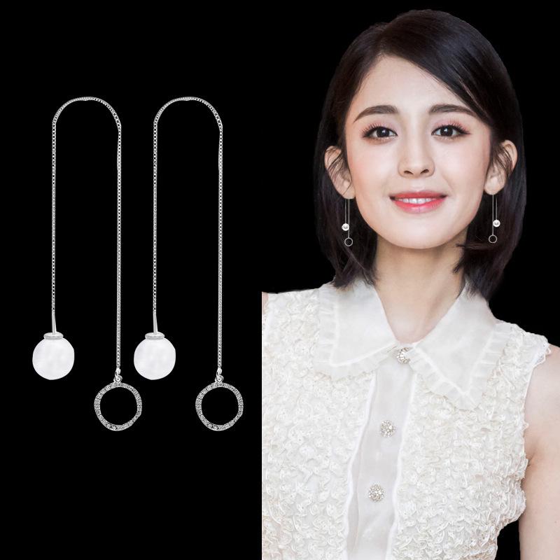Brincos Longos Coreanos de Prata S925 Agulha Estrela & Lua Folha Trevo para Mulheres