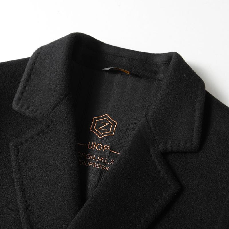 Men's Coat Autumn and Winter Long Double-breasted Handmade Wool Trench Coat, Youth Business Double-sided, Solid Color Warm Coat