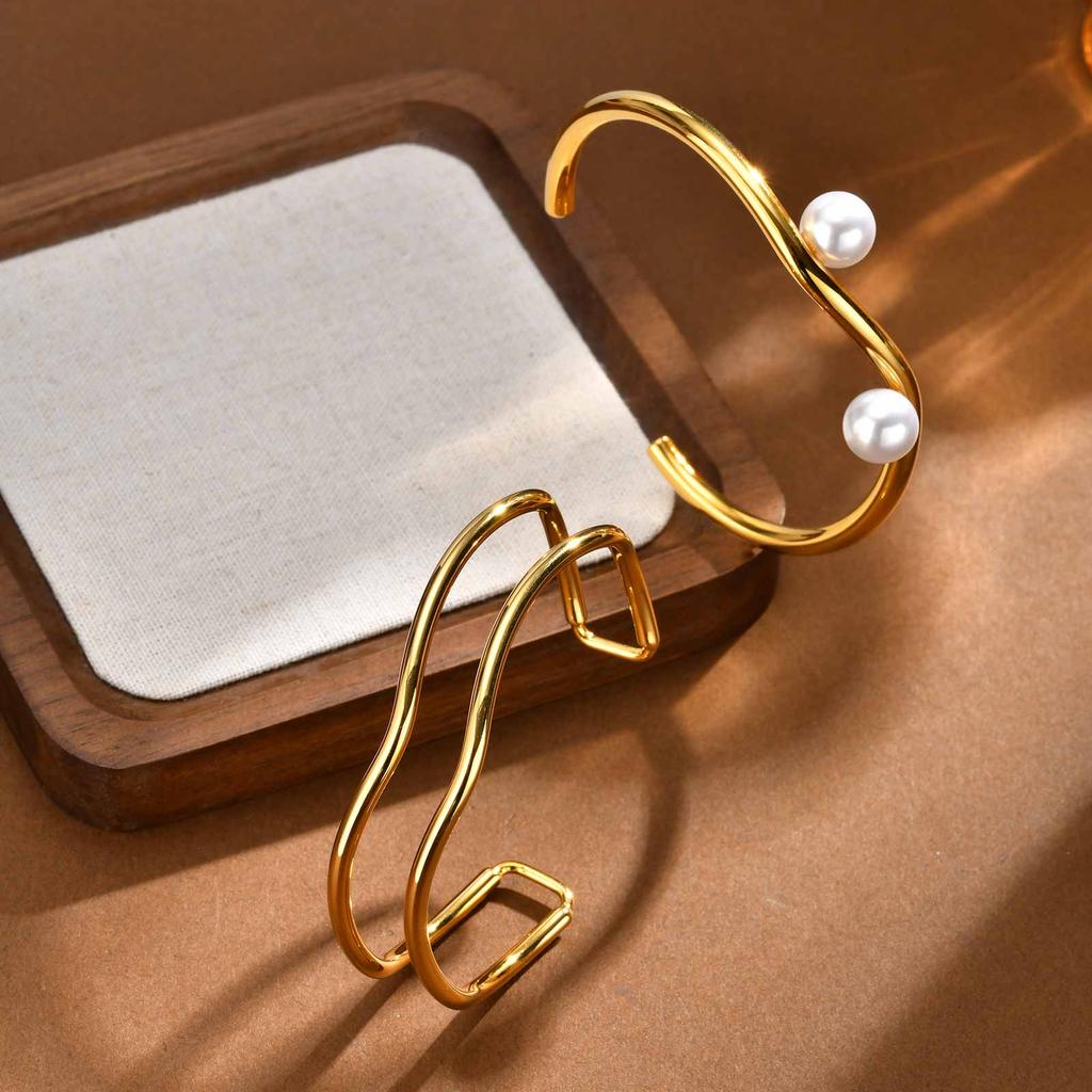 Open Stackable Bracelet Bangle for Women,stainless Steel Smooth Pearl Hollow Cuffs, Minimalist Waterproof Stylish Jewelry