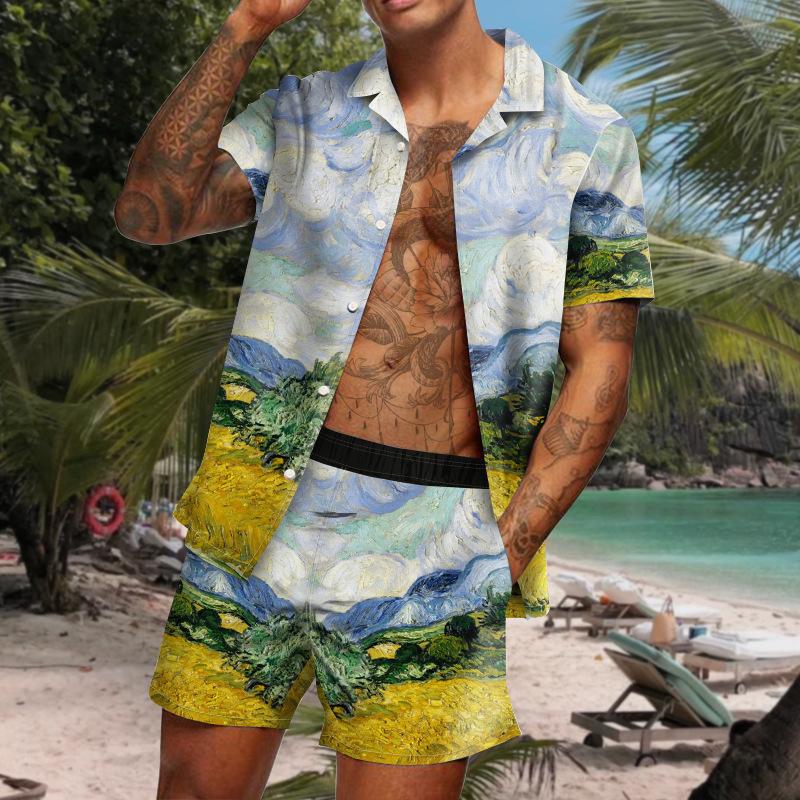 Sommer Herren Lässig Digital Bedruckt Lockeres Hemd Strand Set Hemd & Shorts Kombis Herren