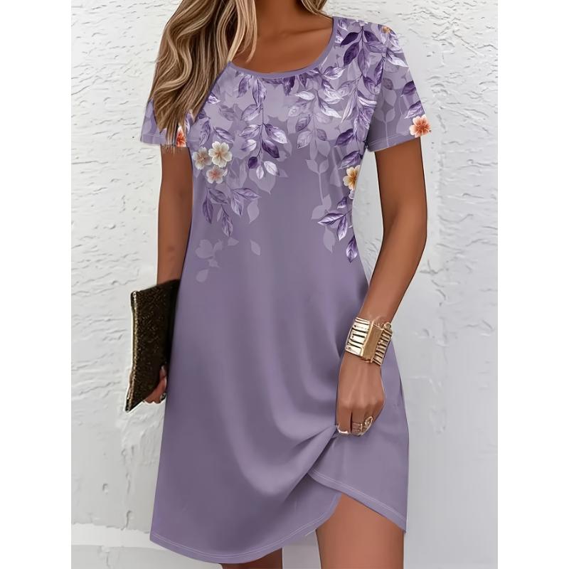 Elegantes florales A-Linien-Midiröck für Damen - kurzärmlig mit Rundhalsausschnitt, leichter Polyesterstoff, unverzichtbar für Frühlings- und Sommerurlaube