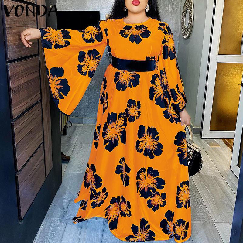 

VONDA весеннее женское свободное длинное платье с расклешенными рукавами и цветочным принтом