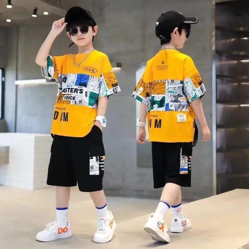 Boys Summer Alphabet Picture Printed T-Shirt Tops+Shorts Pant School Kids 2PCS Tracksuit Child Outfits Workout Set