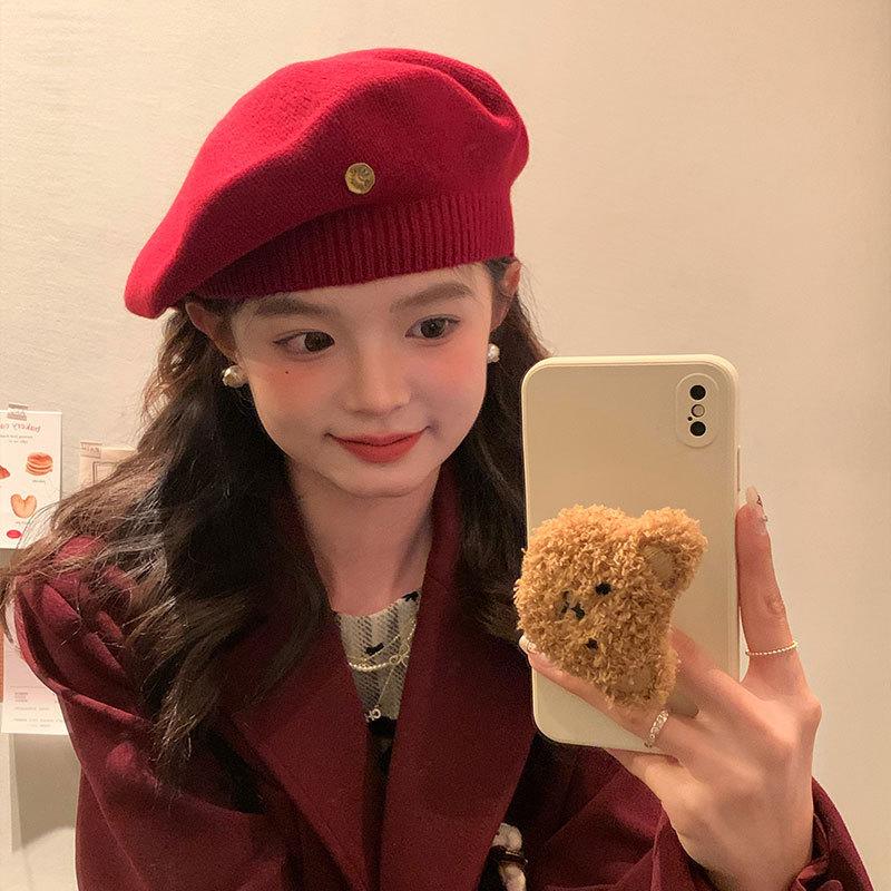 New Ankora Red Wool Knitted Beret Women's Autumn and Winter Style Big Head Circumference Showing Face Little Painter's Hat
