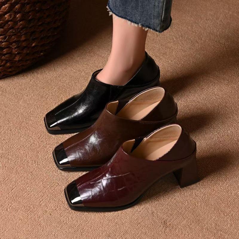 Elegant Pumps Short Boots Women's Ankle High Heels Soft Leather Slippers Woman Deep Mouth Metal Head Thick Heel Shoes Loafers