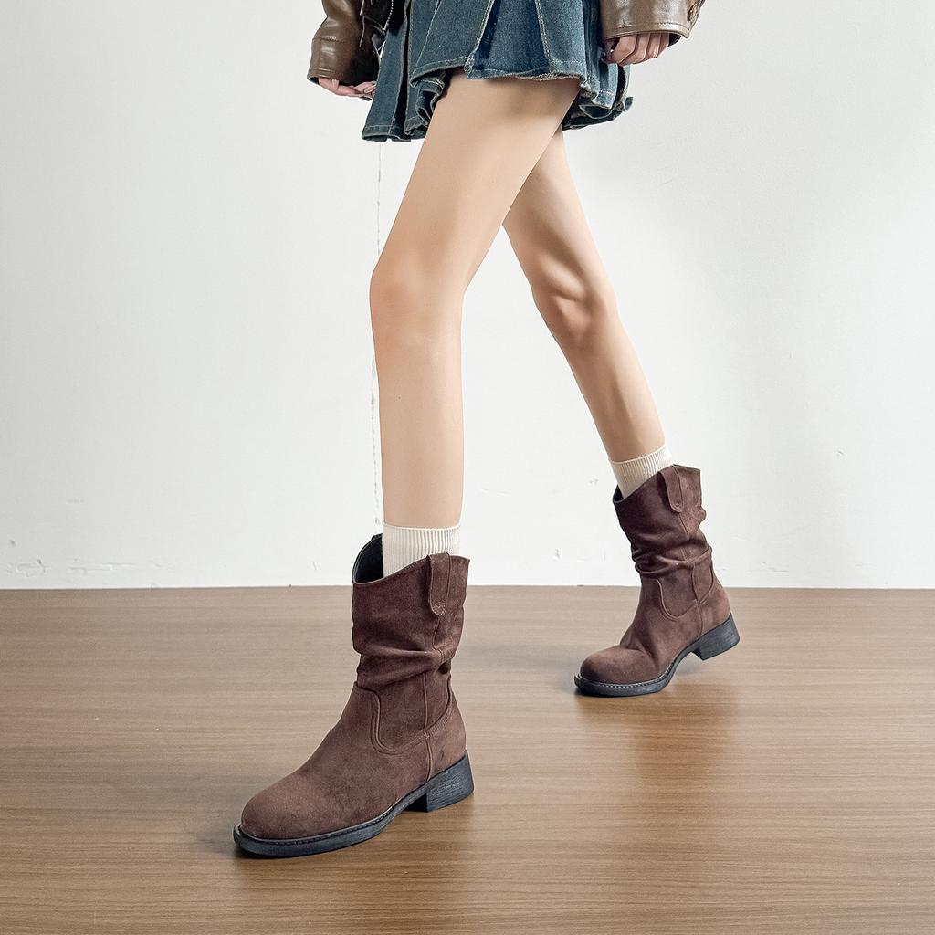 New Khaki Medium Tube Martin Boots Women's Spring and Autumn Stacking Boots Pleated Single Boots Women's Medium Tube Western Cowboy Boots