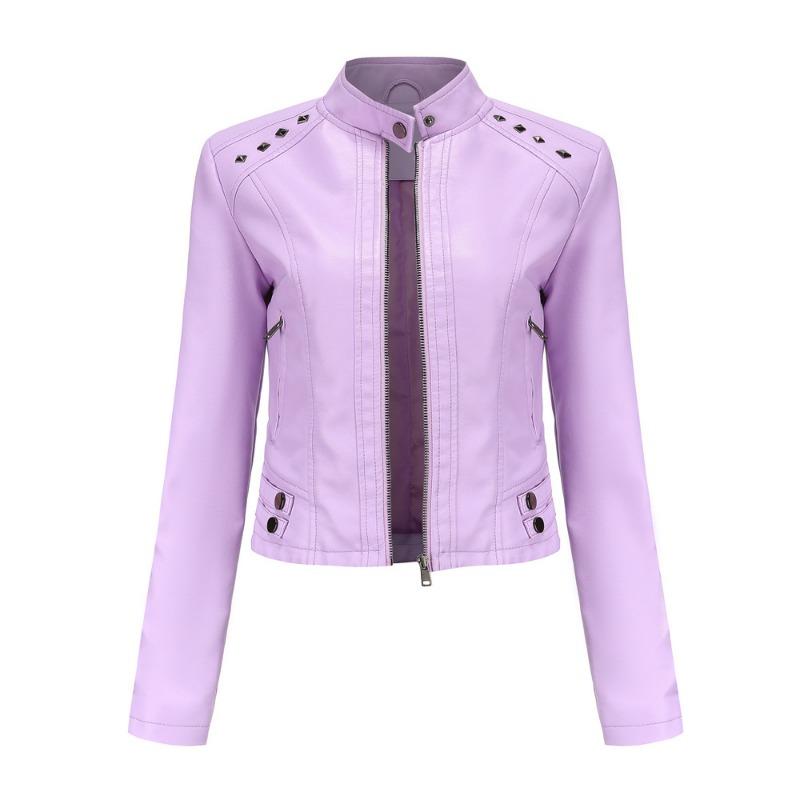 Women's New Rivet Leather Jacket Women's Spring and Autumn Jacket Long Sleeve Women's Jacket Stand-Up Collar Fashion Jacket -