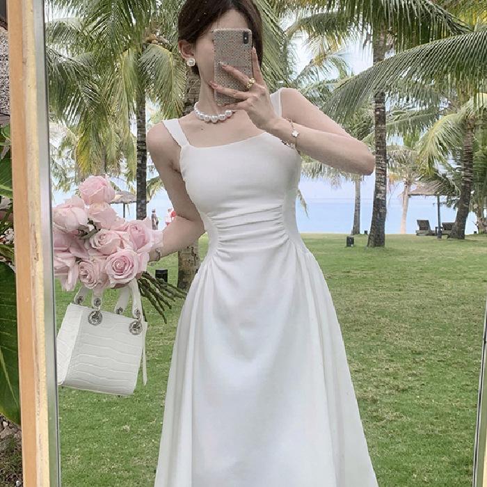 Gentle wind square neck suspender solid color dress summer women's French slim high waist temperament over the knee medium and long skirt