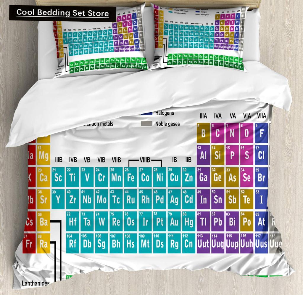 Periodensystem Königin König Bettbezug Pädagogische Wissenschaft Chemie Bettwäsche-Set für Studenten Lehrer Elementtabelle Bettdeckenbezug