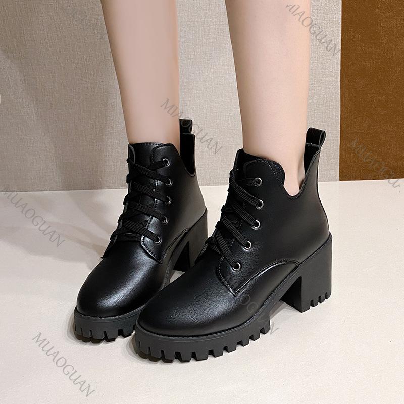 Boots for Women 2025 Autumn New Round-toe Chunky Heel Black Women's Boshoes Casual Lace Up High Heel Platform Short Botines