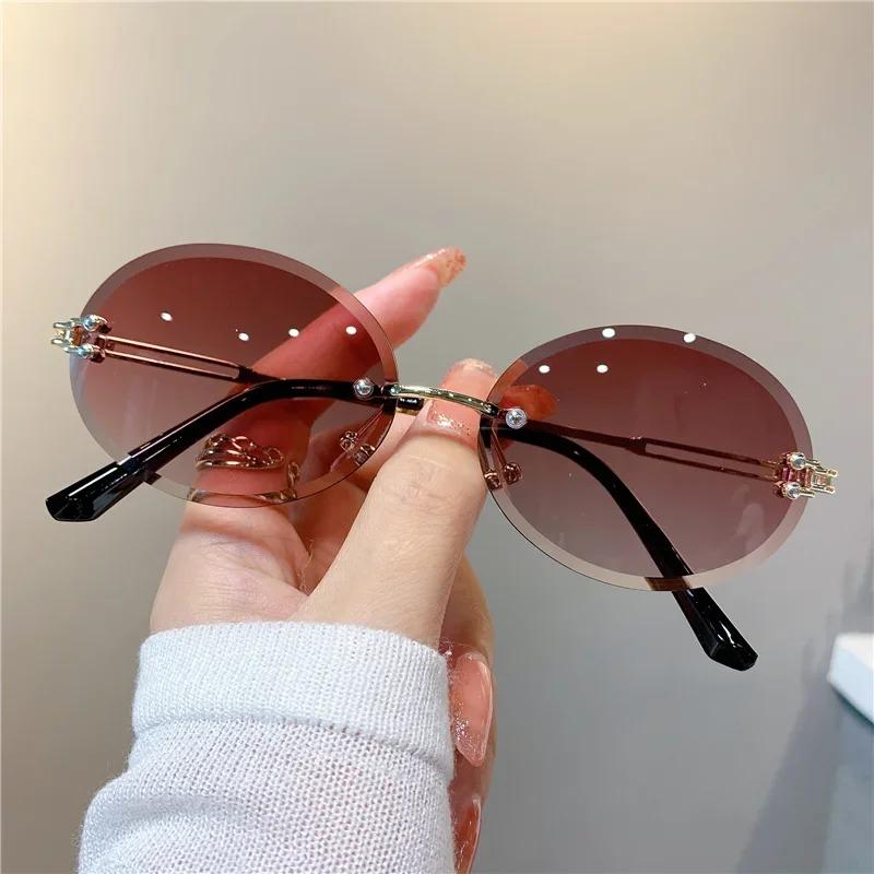Fashion Rimless Oval Sunglasses for Women Men Retro Gradient Lens Metal Frame Sun Glasses Outdoor Travel Sunglass Shade Eyewear