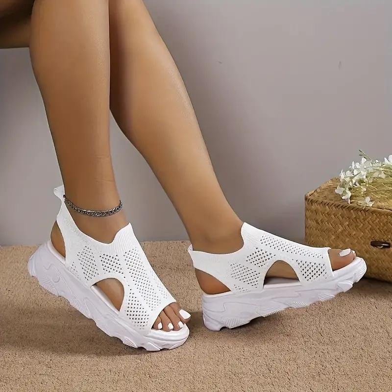 Women's Platform Knit Sandals Breathable Peep Toe Hollow Out Slip On Shoes Casual Outdoor Slingback Sandals