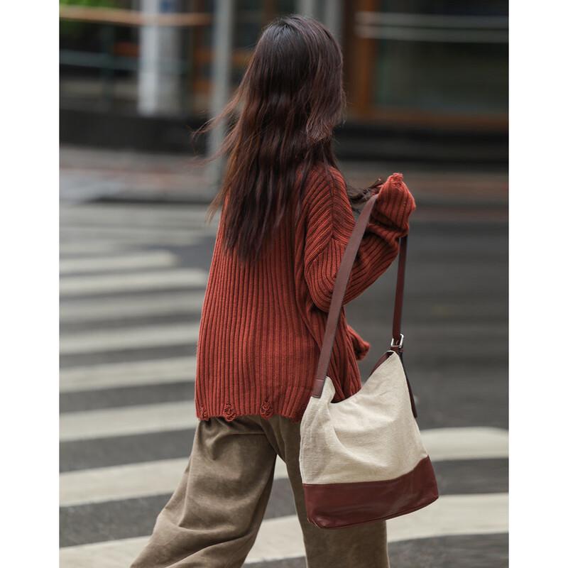 Women's Retro Brick Red Distressed Knit Sweater