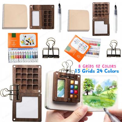 Travel Paint Palette Pocket Artist Watercolor Set Portable Watercolor Set Wooden Grid Paint Box for Artists and Students