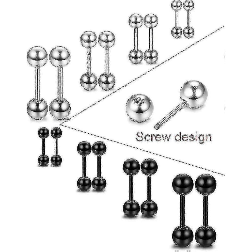8 Pairs Stainless Steel Ball Stud Earrings Barbell Cartilage Helix Ear Piercing 3-6mm 2 Colors 18g (4 Pairs White+4 Pairs Black) -