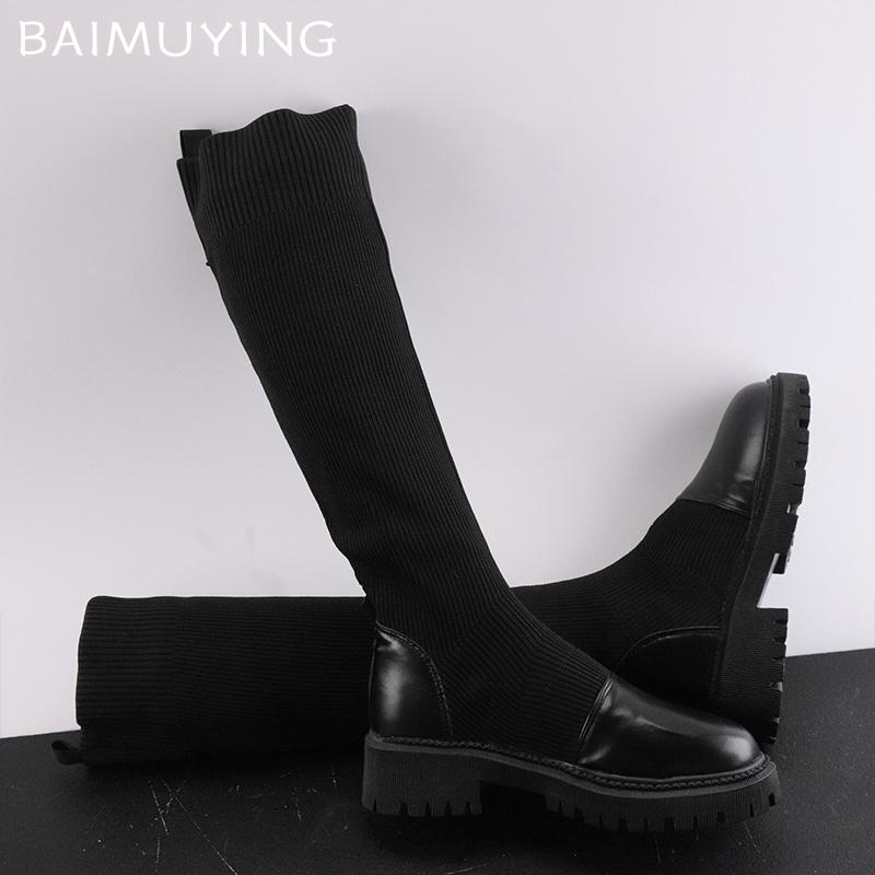 Winter Chunky Women High Boots Knitting Mid Heels Designer Shoes 2025 New Trend Classic Goth Knee High Motorcycle Botas De Mujer