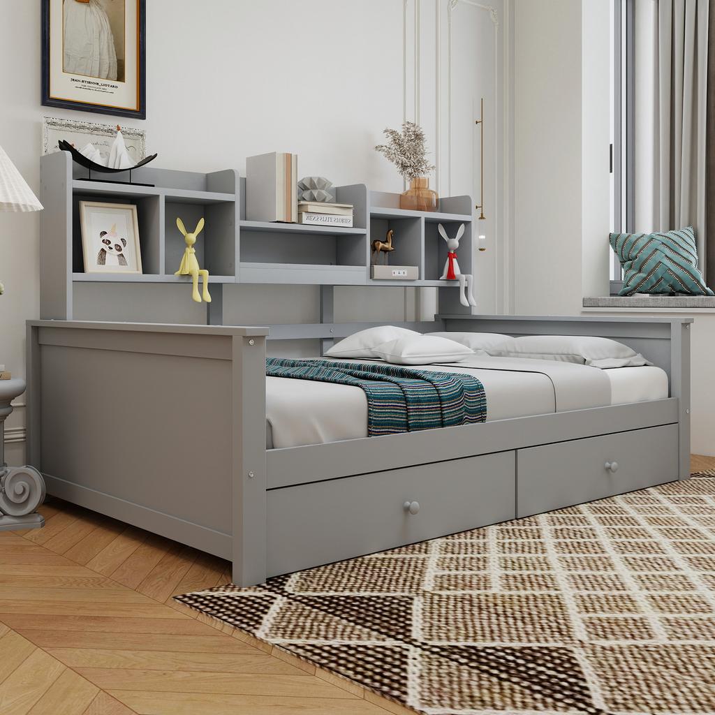Schlafsofa 90x200, Schubladen und Regale, Lattenrost, Kinderbett, Jugendbett, Einzelbett, Massivholzbett Grau