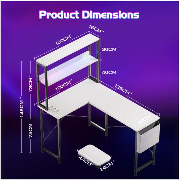 White Reversible L-Shaped Gaming Desk with LED Lights, Power Outlets and Storage Hutch