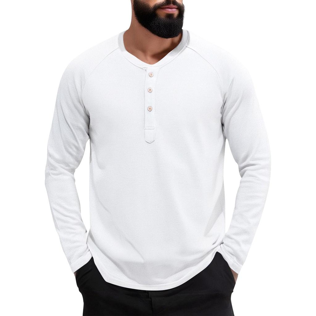 Men's Solid Color Slim-Fit Collar Button Casual Long-Sleeved Top