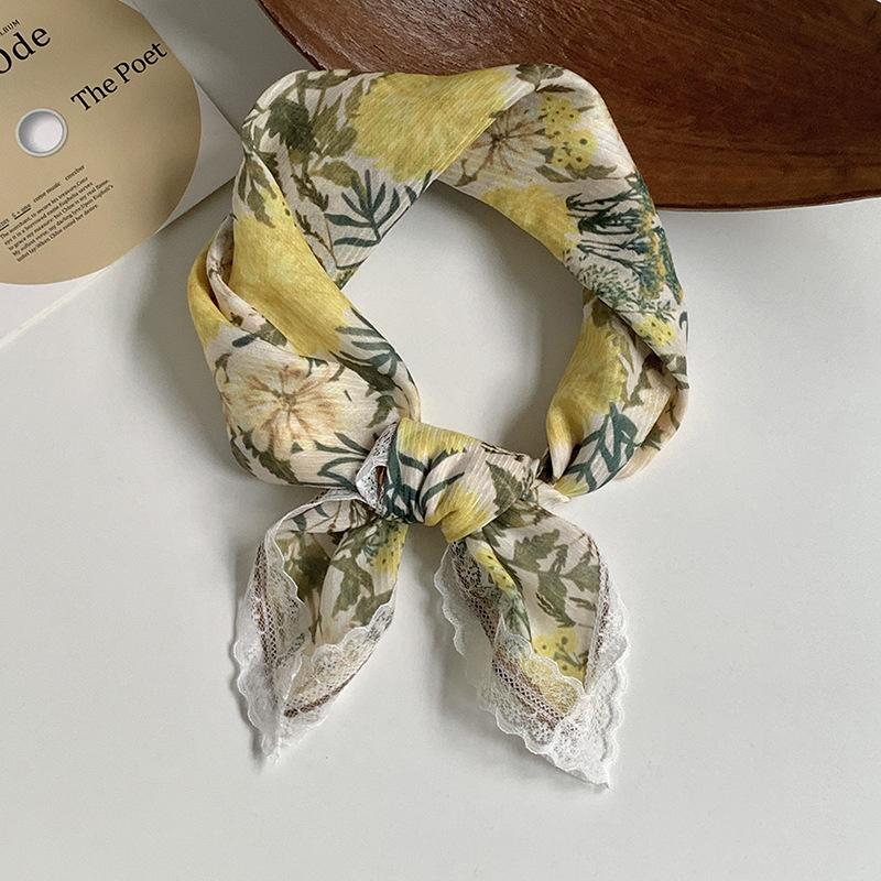 Silk scarf neck small square scarf new multi-color versatile headscarf summer women's pastoral lace headband hair accessories decorative small scarf