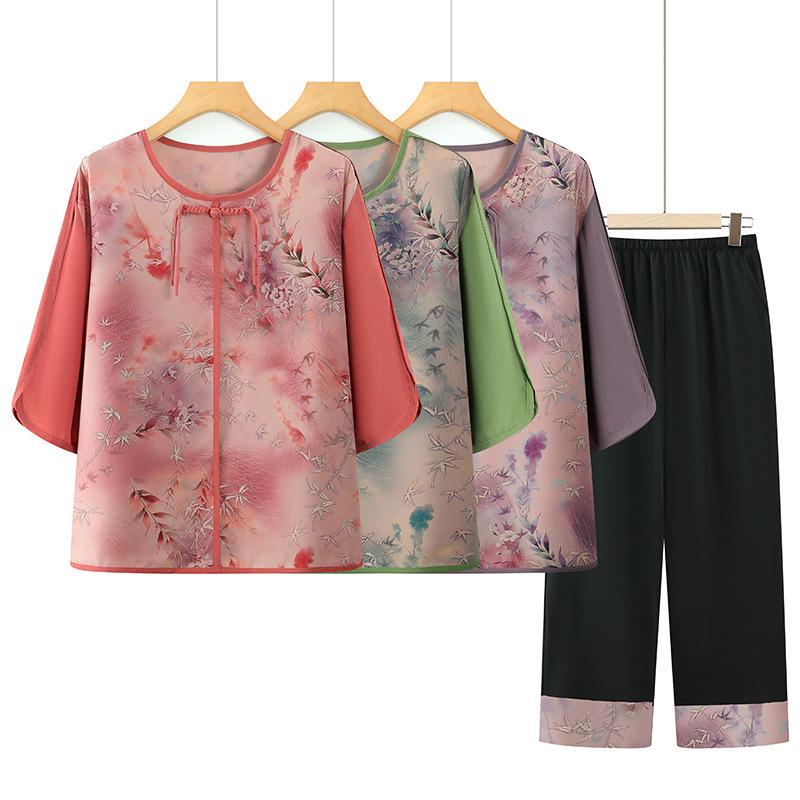 Summer 2026 New Chinese Style Outfit: Two-Piece Shirt and Trousers Set for Middle-aged and Elderly Women