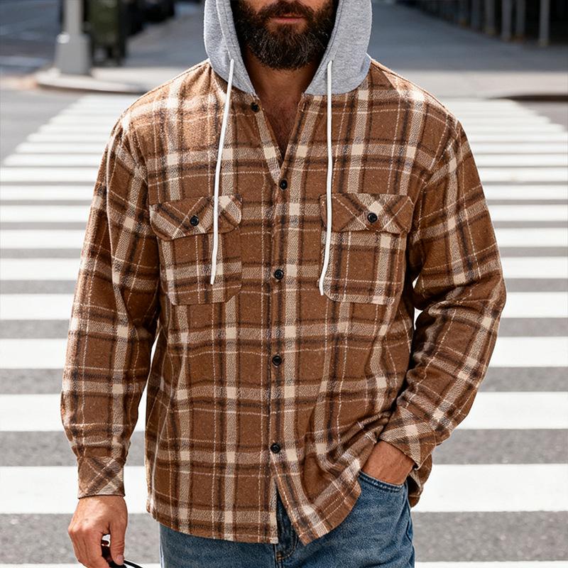 TikTok Men's Plaid Hooded Shirt Jacket - Casual Hip Hop Style for Spring & Autumn
