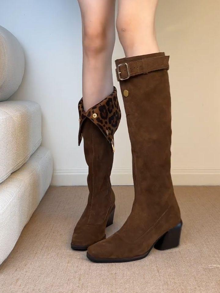 Fashion Baiqiuwinter new Spice Girl personality retro leopard print fashionable boots women wear thin western cowboy boots