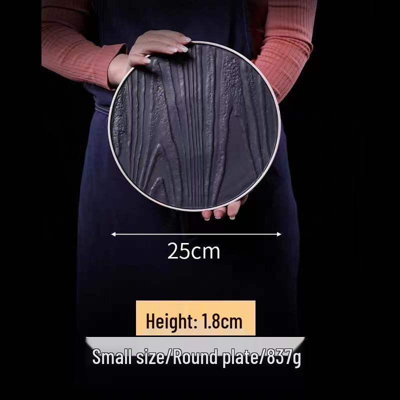 Matte Black Ceramic Wood Grain Plate for Steak, Barbecue, Snacks, and Desserts