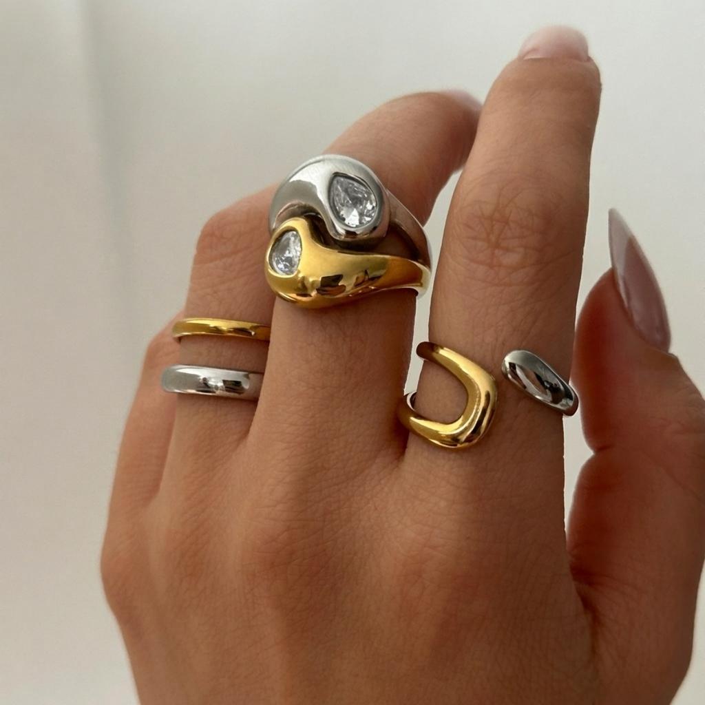 Stainless Steel Gold Color Silver Color Waterdrop Finger Rings For Women Men Simple Geometric Stripe Stackable Open Ring Jewelry