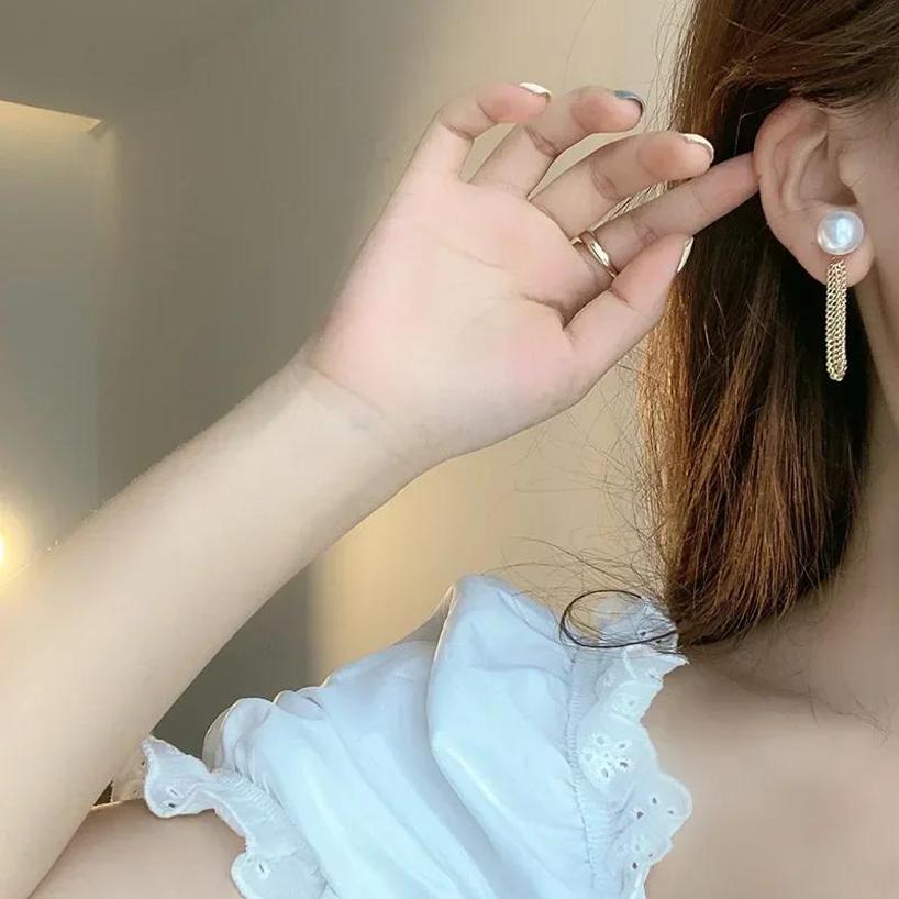 925 Silver Needle Pearl Metal Multi-layer Chain Earrings Korean Design Simple Lady Fan Earrings Fashion Earrings
