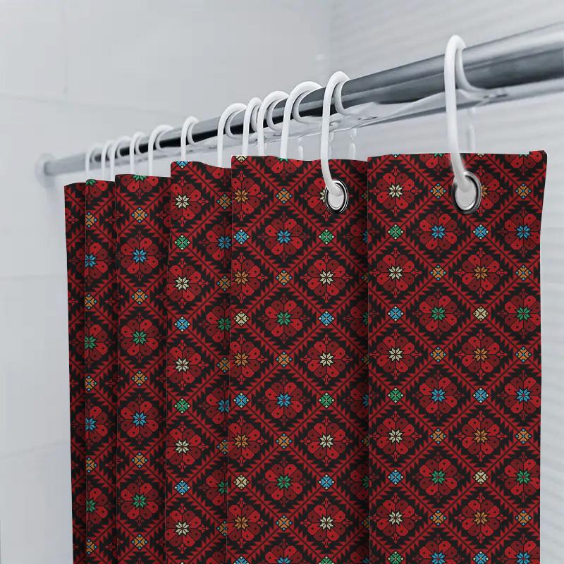 Red Floral Bath Shower Curtain With Multicolor Geometric Patterns Water Repellent Polyester Fabric For Bathroom Decorations