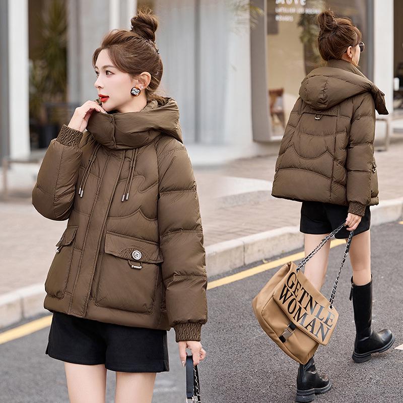 

Женская зимняя короткая пуховая куртка - Модный свободный крой, Теплая верхняя одежда для миниатюрных, Пух белой утки M 90-115 jin шоколадный коричневый