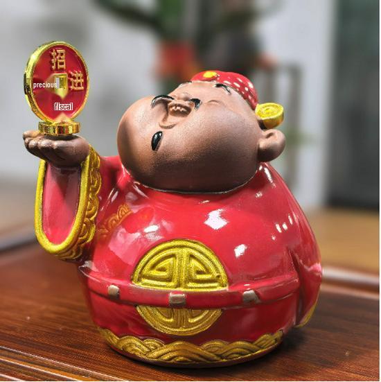 

Festive Red Wealth God Statues: Pair for Home, Shop, or Office Decoration