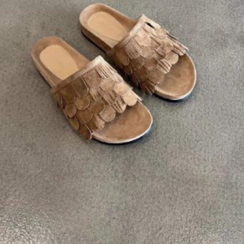 

Версия из мягкой кожи~ стиль old money ретро кожаные туфли на платформе для пляжа женские с кисточками на плоской подошве с круглым носком и открытым носком крутые шлепанцы 40 абрикосовый