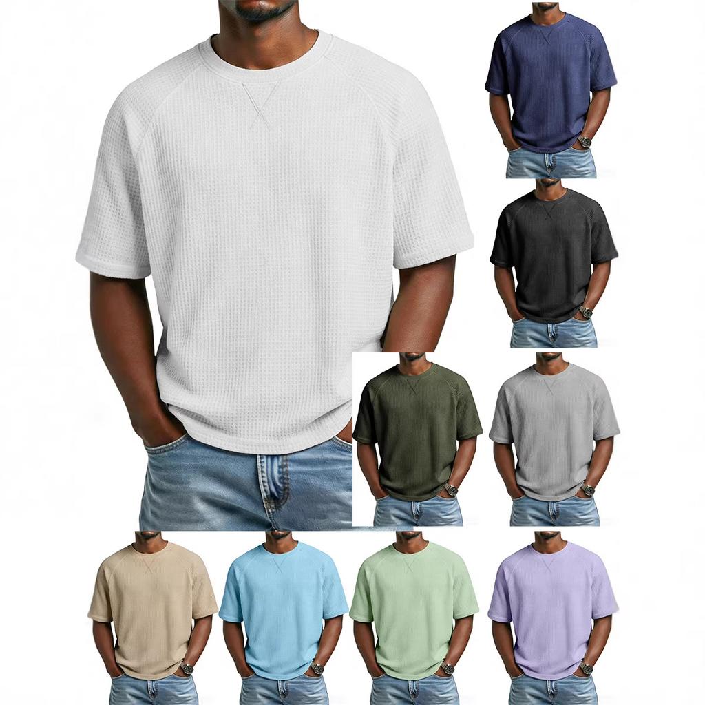 Herren Casual T-Shirt Waffelstrick Lockerer Schnitt T-Shirts für Mann Einfarbige Kurzarm-T-Shirts Übergroßer Schnitt Strukturierter Stoff Rundhalsausschnitt