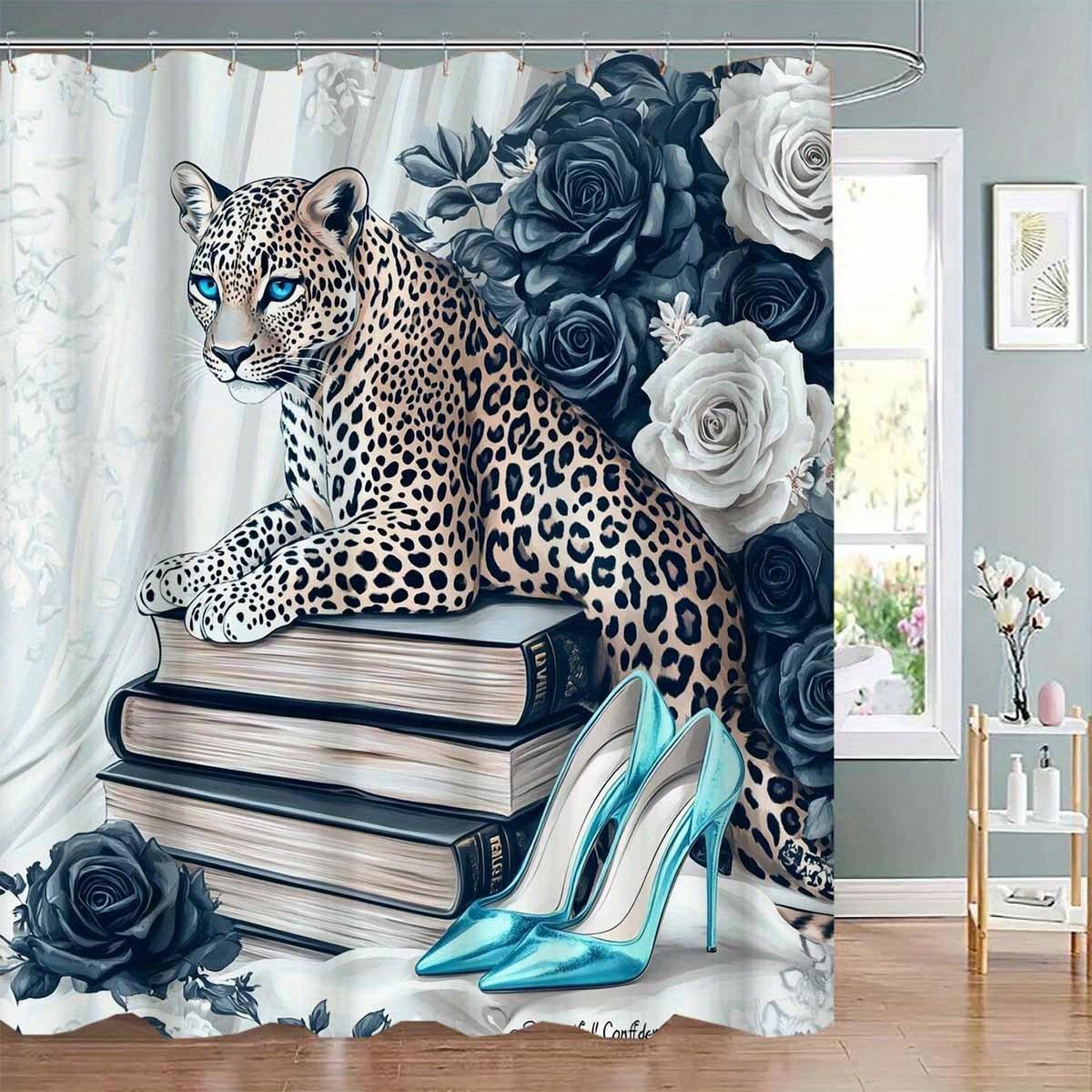 

1Pc Leopard Floral Book & Heel Shower Curtain - Polyester Bathroom Decor With 12 Hooks, Machine Washable, Vibrant Animal Print W60H190(CM)-1 Pcs
