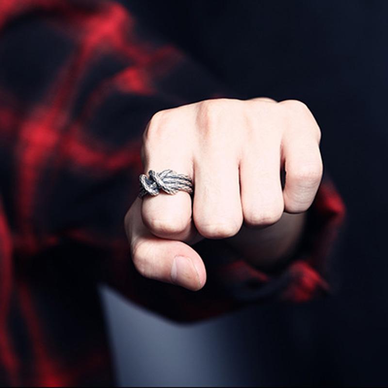 Retro Woven Rope Ring For Men Zinc Alloy Color Punk Gothic Adjustable Open Ring Handmade Rock Biker Accessories Man Zircon Gift